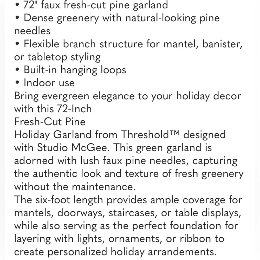 STUDIO MCGEE NWT Faux pine Garland -72”